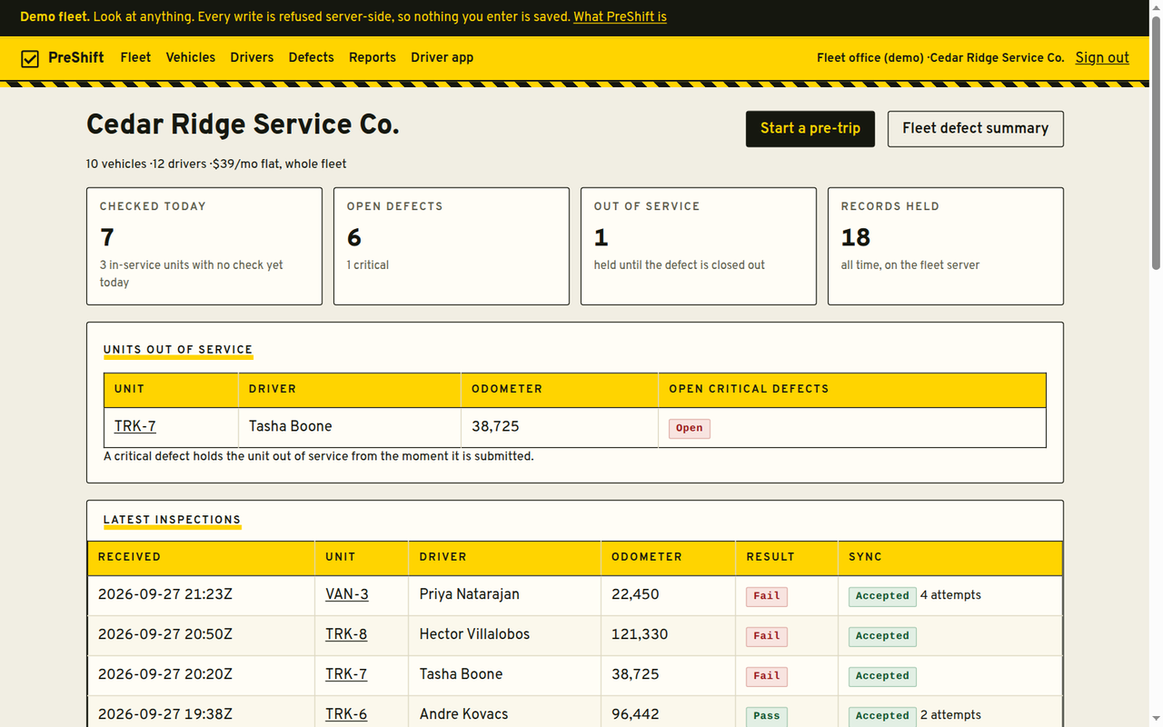 PreShift fleet dashboard with inspections due, open defects by severity and vehicles out of service