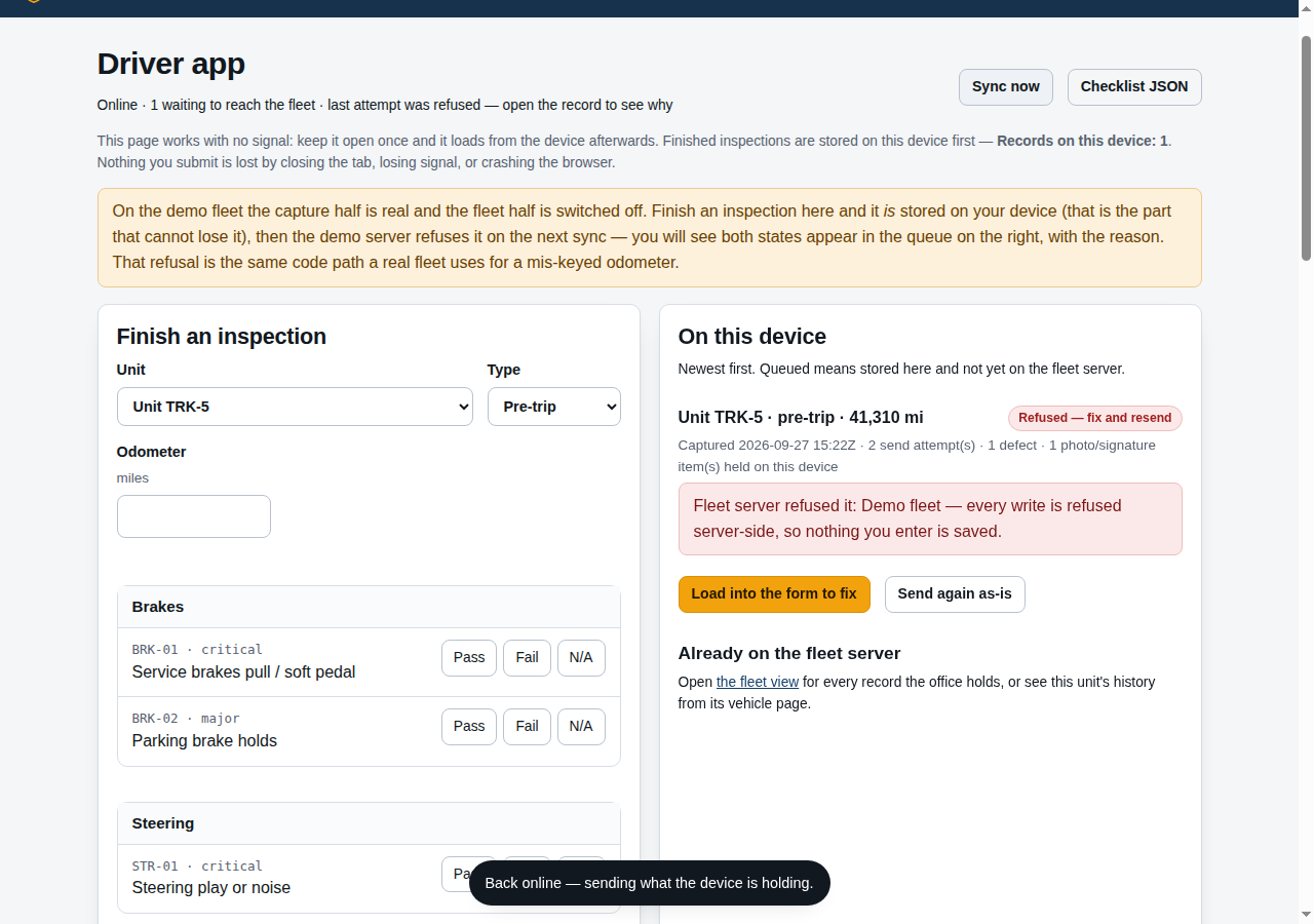 Driver queue showing a record queued on the device with send attempts, and a refused record with the reason